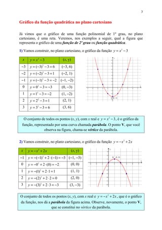 3


Gráfico da função quadrática no plano cartesiano

Já vimos que o gráfico de uma função polinomial de 1º grau, no plano
cartesiano, é uma reta. Veremos, nos exemplos a seguir, qual a figura que
representa o gráfico de uma função de 2º grau ou função quadrática.

1) Vamos construir, no plano cartesiano, o gráfico da função y = x 2 − 3

  x      y = x2 − 3                (x, y)
 −3      y = (−3) 2 − 3 = 6       (−3, 6)
 −2      y = (−2) 2 − 3 = 1       (−2, 1)
 −1      y = (−1) 2 − 3 = −2      (−1, −2)
  0      y = 0 2 − 3 = −3         (0, −3)
  1      y = 12 − 3 = −2          (1, −2)
  2      y = 22 − 3 = 1            (2, 1)
  3      y = 32 − 3 = 6            (3, 6)


     O conjunto de todos os pontos (x, y), com x real e y = x 2 − 3 , é o gráfico da
 função, representado por uma curva chamada parábola. O ponto V, que você
               observa na figura, chama-se vértice da parábola.


2) Vamos construir, no plano cartesiano, o gráfico da função y = − x 2 + 2 x

 x      y = − x2 + 2x                       (x, y)
−1      y = −(−1) 2 + 2 ⋅ (−1) = −3 (−1, −3)
 0      y = −0 2 + 2 ⋅ (0) = −2         (0, 0)
 1      y = −(1) 2 + 2 ⋅ 1 = 1          (1, 1)
 2      y = −(2) 2 + 2 ⋅ 2 = 0          (2, 0)
 3      y = −(3) 2 + 2 ⋅ 3 = −3         (3, −3)


O conjunto de todos os pontos (x, y), com x real e y = − x 2 + 2 x , que é o gráfico
 da função, nos dá a parábola da figura acima. Observe, novamente, o ponto V,
                     que se constitui no vértice da parábola.
 