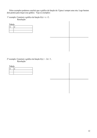 Pelos exemplos podemos concluir que o gráfico da função do 1ºgrau é sempre uma reta. Logo bastam
dois pontos para traçar esse gráfico. Veja os exemplos:

1º exemplo: Construir o gráfico da função f(x) = x +2 .
            Resolução:

  Tabela
  x     y




2º exemplo: Construir o gráfico da função f(x) = –2x+ 3 .
            Resolução:

  Tabela
  x     y




                                                                                                  12
 