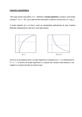 FUNÇÃO LOGARÍTMICA


Para cada número real positivo b ≠ 1 , definimos a função logarítmica, na base b, como sendo
a função f : ( 0, ∞ ) → IR , que a cada número real positivo x associa o número real f (x ) = log b X .


A função logaritmo de x na base b pode ser representada graficamente de duas maneiras
diferentes, dependendo do valor de b, como figura abaixo:




                   b>1                                                   0<b<1


Como se vê nos gráficos acima, a função logarítmica é crescente se b > 1 e é decrescente se
0 < b < 1. O domínio da função logarítmica é o conjunto dos números reais positivos e sua
imagem é o conjunto de todos os números reais.
 