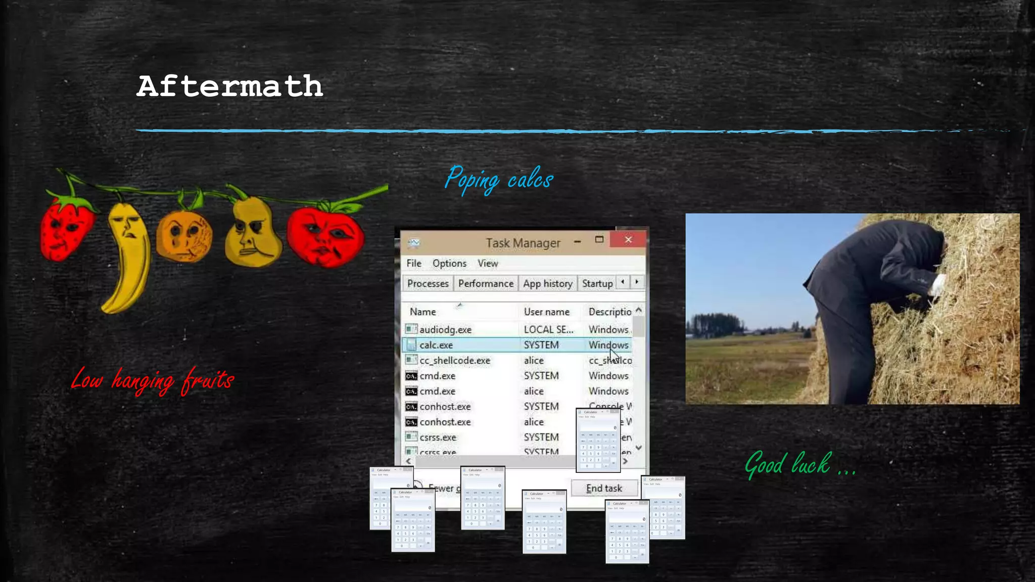 Aftermath
Low hanging fruits
Poping calcs
Good luck …
 