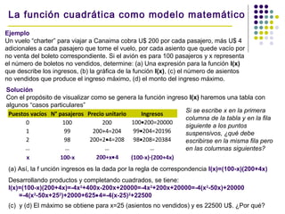 La función cuadrática como modelo matemático
Ejemplo
Un vuelo “charter” para viajar a Canaima cobra U$ 200 por cada pasajero, más U$ 4
adicionales a cada pasajero que tome el vuelo, por cada asiento que quede vacío por
no venta del boleto correspondiente. Si el avión es para 100 pasajeros y x representa
el número de boletos no vendidos, determine: (a) Una expresión para la función I(x)
que describe los ingresos, (b) la gráfica de la función I(x), (c) el número de asientos
no vendidos que produce el ingreso máximo, (d) el monto del ingreso máximo.
Solución
Con el propósito de visualizar como se genera la función ingreso I(x) haremos una tabla con
algunos “casos particulares”
Puestos vacíos N° pasajeros Precio unitario Ingresos
0 100 200 100•200=20000
1 99 200+4=204 99•204=20196
2 98 200+2•4=208 98•208=20384
… … … …
Si se escribe x en la primera
columna de la tabla y en la fila
siguiente a los puntos
suspensivos, ¿qué debe
escribirse en la misma fila pero
en las columnas siguientes?
x 100-x 200+x•4 (100-x)·(200+4x)
(a) Así, la f unción ingresos es la dada por la regla de correspondencia I(x)=(100-x)(200+4x)
Desarrollando productos y completando cuadrados, se tiene:
I(x)=(100-x)(200+4x)=-4x2
+400x-200x+20000=-4x2
+200x+20000=-4(x2
-50x)+20000
=-4(x2
-50x+252
)+2000+625•4=-4(x-25)2
+22500
(c) y (d) El máximo se obtiene para x=25 (asientos no vendidos) y es 22500 U$. ¿Por qué?
 