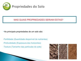 MAS QUAIS PROPRIEDADES SERIAM ESTAS?
As principais propriedades de um solo são:
-Fertilidade (Quantidade disponível de nutrientes)
-Profundidade (Espessura dos horizontes)
-Textura (Tamanho das partículas do solo)
 