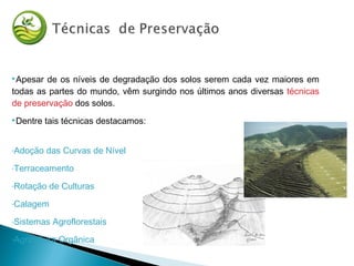 Apesar de os níveis de degradação dos solos serem cada vez maiores em
todas as partes do mundo, vêm surgindo nos últimos anos diversas técnicas
de preservação dos solos.
Dentre tais técnicas destacamos:
-Adoção das Curvas de Nível
-Terraceamento
-Rotação de Culturas
-Calagem
-Sistemas Agroflorestais
-Agricultura Orgânica
 