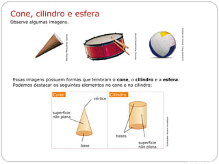 Livro: página 17
Cone, cilindro e esfera
Observe algumas imagens.
Essas imagens possuem formas que lembram o cone, o cilindro e a esfera.
Podemos destacar os seguintes elementos no cone e no cilindro:
superfície
não plana
vértice
Cone Cilindro
bases
base
superfície
não plana
Ilustrações:Acervodaeditora
MarinezMaravalhasGomes
LeonardoMari/Acervodaeditora
MarinezMaravalhasGomes
 