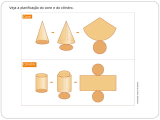 Livro: página 17
Cilindro
Cone
Veja a planificação do cone e do cilindro.
Ilustrações:Acervodaeditora
 