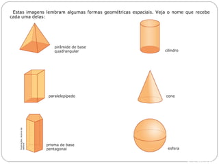 Livro: página 10
pirâmide de base
quadrangular cilindro
esfera
coneparalelepípedo
prisma de base
pentagonal
Estas imagens lembram algumas formas geométricas espaciais. Veja o nome que recebe
cada uma delas:
Ilustrações:Acervoda
editora
 