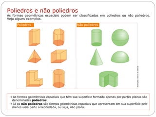 Livro: página 11
• As formas geométricas espaciais que têm sua superfície formada apenas por partes planas são
denominadas poliedros.
• Já os não poliedros são formas geométricas espaciais que apresentam em sua superfície pelo
menos uma parte arredondada, ou seja, não plana.
Não poliedrosPoliedros
Poliedros e não poliedros
As formas geométricas espaciais podem ser classificadas em poliedros ou não poliedros.
Veja alguns exemplos.
Ilustrações:Acervodaeditora
 