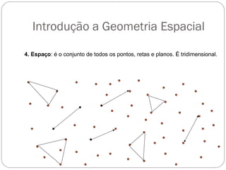 Introdução a Geometria Espacial
4. Espaço: é o conjunto de todos os pontos, retas e planos. É tridimensional.
 
