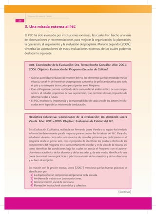 Programa Escuelas de Calidad

24

     3. Una mirada externa al pec
     El pec ha sido evaluado por instituciones externas, las cuales han hecho una serie
     de observaciones y recomendaciones para mejorar la organización, la planeación,
     la operación, el seguimiento y la evaluación del programa. Mariano Segundo (2009),
     sintetiza las aportaciones de estas evaluaciones externas, de las cuales podemos
     destacar lo siguiente:


        cide. Coordinador de la Evaluación: Dra. Teresa Bracho González. Año: 2001-
        2006. Objetivo: Evaluación del Programa Escuelas de Calidad.

        •	 Que las autoridades educativas retomen del pec los elementos que han mostrado mayor
           eficacia, con el fin de incentivar una propuesta sustantiva de política educativa para todo
           el país y no sólo para las escuelas participantes en el Programa.
        •	 Que el Programa continúe recibiendo de la comunidad el análisis crítico de sus compo-
           nentes, el estudio propositivo de sus experiencias, que permitan derivar propuestas de
           reforma escolar a futuro.
        •	 El PEC reconoce la importancia y la responsabilidad de cada uno de los actores involu-
           crados en el logro de las misiones de la educación.


        Heurística Educativa. Coordinador de la Evaluación; Dr. Armando Loera
        Varela. Año: 2001–2006. Objetivo: Evaluación de Calidad del pec.

        Esta Evaluación Cualitativa, realizada por Armando Loera Varela y su equipo ha brindado
        información determinante para la mejora y para reconocer las fortalezas del pec. Para ello,
        estudiaron durante cinco años una muestra de escuelas primarias que participaron en el
        programa desde el primer año, con el propósito de identificar los posibles efectos de los
        componentes del Programa en el aprovechamiento escolar y en la vida de la escuela, así
        como identificar las condiciones bajo las cuales se asocia el Programa con el aprove-
        chamiento académico de los alumnos y de las escuelas y, de este modo, identificar lo que
        Loera denominó buenas prácticas o prácticas exitosas de los maestros y de los directores
        y su buen desempeño.

        En relación con la gestión escolar, Loera (2007) menciona que las buenas prácticas se
        identificaron por:
          1) La disposición y el compromiso del personal de la escuela.
          2) Ambiente de trabajo con buenas relaciones.
          3) Reconocimiento social de la escuela.
          4) Planeación institucional sistemática y colectiva.

                                                                                             (Continúa)
 