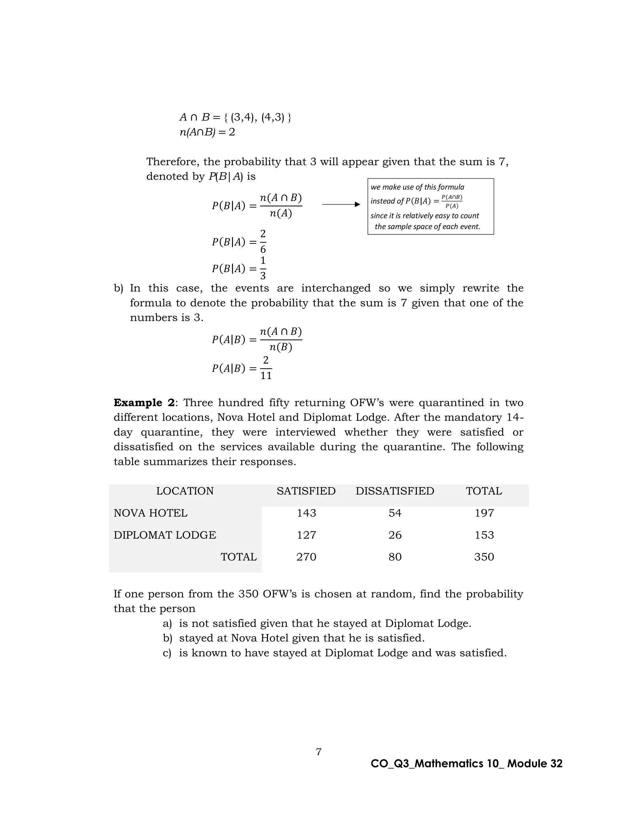 7
CO_Q3_Mathematics 10_ Module 32
A ∩ B = { (3,4), (4,3) }
n(A∩B) = 2
Therefore, the probability that 3 will appear given that the sum is 7,
denoted by P(B|A) is
𝑃(𝐵|𝐴) =
𝑛(𝐴 ∩ 𝐵)
𝑛(𝐴)
𝑃(𝐵|𝐴) =
2
6
𝑃(𝐵|𝐴) =
1
3
b) In this case, the events are interchanged so we simply rewrite the
formula to denote the probability that the sum is 7 given that one of the
numbers is 3.
𝑃(𝐴|𝐵) =
𝑛(𝐴 ∩ 𝐵)
𝑛(𝐵)
𝑃(𝐴|𝐵) =
2
11
Example 2: Three hundred fifty returning OFW’s were quarantined in two
different locations, Nova Hotel and Diplomat Lodge. After the mandatory 14-
day quarantine, they were interviewed whether they were satisfied or
dissatisfied on the services available during the quarantine. The following
table summarizes their responses.
LOCATION SATISFIED DISSATISFIED TOTAL
NOVA HOTEL 143 54 197
DIPLOMAT LODGE 127 26 153
TOTAL 270 80 350
If one person from the 350 OFW’s is chosen at random, find the probability
that the person
a) is not satisfied given that he stayed at Diplomat Lodge.
b) stayed at Nova Hotel given that he is satisfied.
c) is known to have stayed at Diplomat Lodge and was satisfied.
we make use of this formula
instead of 𝑃(𝐵|𝐴) =
𝑃(𝐴∩𝐵)
𝑃(𝐴)
since it is relatively easy to count
the sample space of each event.
 