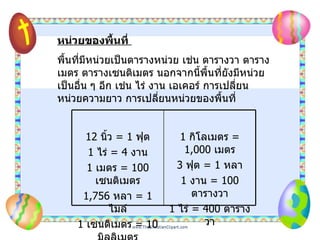 หน่วยของพื้นที่   พื้นที่มีหน่วยเป็นตารางหน่วย เช่น ตารางวา ตารางเมตร ตารางเซนติเมตร นอกจากนี้พื้นที่ยังมีหน่วยเป็นอื่น ๆ อีก เช่น ไร่ งาน เอเคอร์ การเปลี่ยนหน่วยความยาว การเปลี่ยนหน่วยของพื้นที่ 1   กิโลเมตร  =  1,000   เมตร 3   ฟุต  =  1   หลา 1   งาน  =  100   ตารางวา 1   ไร่  =  400   ตารางวา 12   นิ้ว  =  1   ฟุต 1   ไร่  =  4   งาน 1   เมตร  =  100   เซนติเมตร 1,756   หลา  =  1   ไมล์ 1   เซนติเมตร  =  10   มิลลิเมตร 
