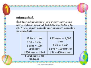 หน่วยของพื้นที่   พื้นที่มีหน่วยเป็นตารางหน่วย เช่น ตารางวา ตารางเมตร ตารางเซนติเมตร นอกจากนี้พื้นที่ยังมีหน่วยเป็นอื่น ๆ อีก เช่น ไร่ งาน เอเคอร์ การเปลี่ยนหน่วยความยาว การเปลี่ยนหน่วยของพื้นที่ 1   กิโลเมตร  =  1,000   เมตร 3   ฟุต  =  1   หลา 1   งาน  =  100   ตารางวา 1   ไร่  =  400   ตารางวา 12   นิ้ว  =  1   ฟุต 1   ไร่  =  4   งาน 1   เมตร  =  100   เซนติเมตร 1,756   หลา  =  1   ไมล์ 1   เซนติเมตร  =  10   มิลลิเมตร 