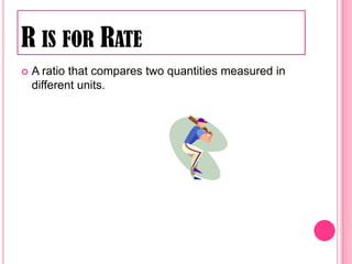 R is for RateA ratio that compares two quantities measured in different units.