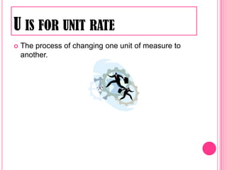 U is for unit rateThe process of changing one unit of measure to another.