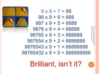 9 x 9 + 7 = 88
98 x 9 + 6 = 888
987 x 9 + 5 = 8888
9876 x 9 + 4 = 88888
98765 x 9 + 3 = 888888
987654 x 9 + 2 = 8888888
9876543 x 9 + 1 = 88888888
98765432 x 9 + 0 = 888888888
Brilliant, isn’t it? 14
Free
powerpoint
template:
www.brainybetty.com
 