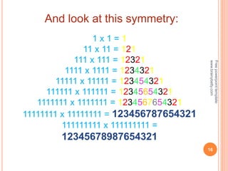 1 x 1 = 1
11 x 11 = 121
111 x 111 = 12321
1111 x 1111 = 1234321
11111 x 11111 = 123454321
111111 x 111111 = 12345654321
1111111 x 1111111 = 1234567654321
11111111 x 11111111 = 123456787654321
111111111 x 111111111 =
12345678987654321
And look at this symmetry:
16
Free
powerpoint
template:
www.brainybetty.com
 