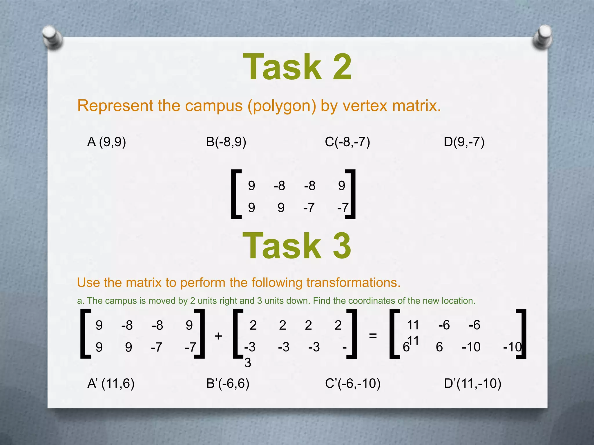Task 2
Represent the campus (polygon) by vertex matrix.

  A (9,9)                       B(-8,9)                       C(-8,-7)                       D(9,-7)



                                      [   9
                                          9
                                                -8
                                                 9
                                                        -8
                                                        -7
                                                                9
                                                                -7 ]
                                        Task 3
Use the matrix to perform the following transformations.
a. The campus is moved by 2 units right and 3 units down. Find the coordinates of the new location.



[   9
    9
          -8
           9
                  -8
                  -7
                          9
                          -7  ][  +
                                           2
                                          -3
                                          3
                                                  2
                                                 -3
                                                        2
                                                         -3
                                                               2
                                                                   ] [
                                                                   -
                                                                        =
                                                                                6
                                                                                 11
                                                                                 11
                                                                                         -6
                                                                                         6
                                                                                                 -6
                                                                                                -10        ]
                                                                                                          -10

  A’ (11,6)                     B’(-6,6)                      C’(-6,-10)                     D’(11,-10)
 
