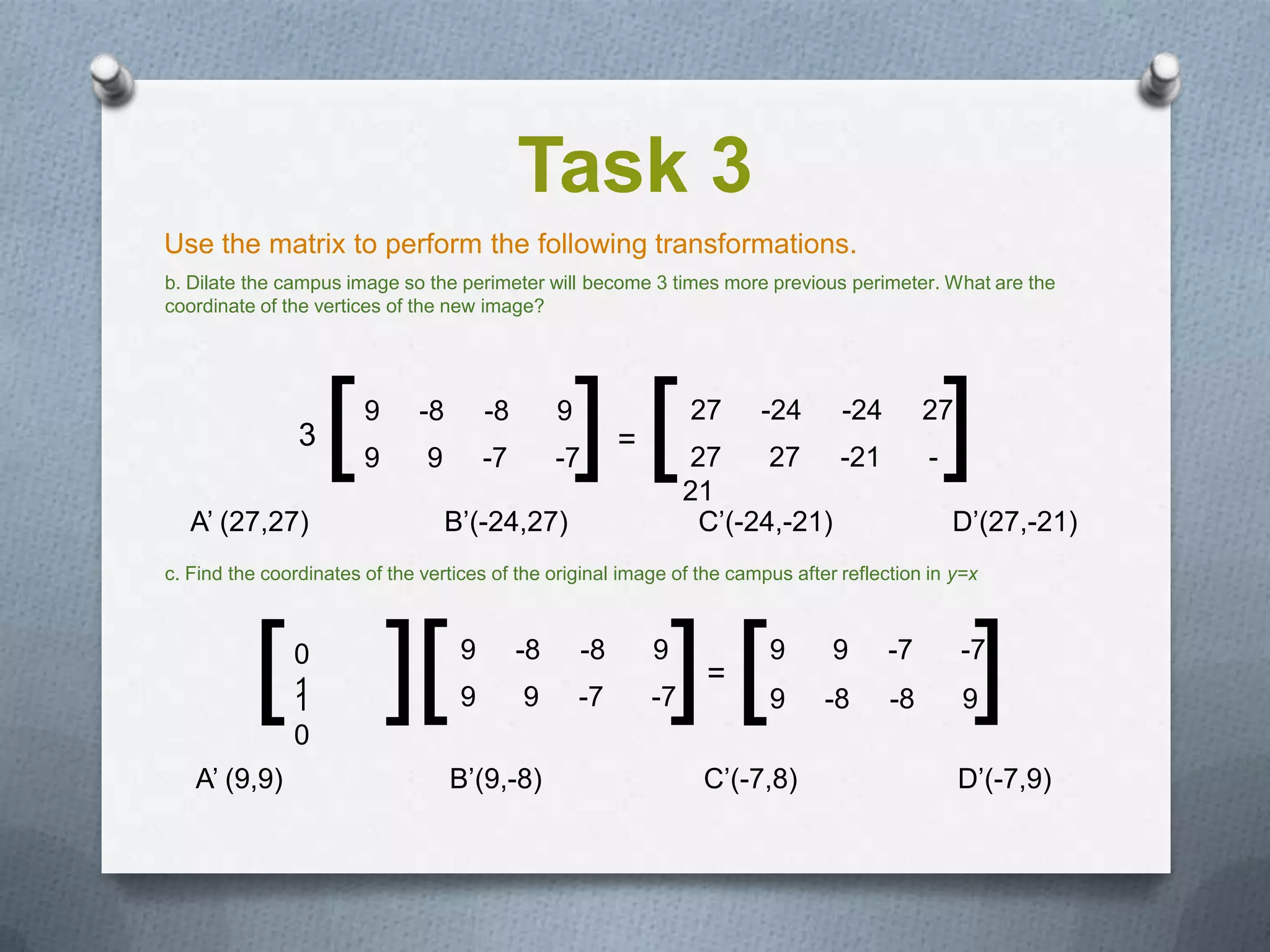 Task 3
Use the matrix to perform the following transformations.
b. Dilate the campus image so the perimeter will become 3 times more previous perimeter. What are the
coordinate of the vertices of the new image?




                3   [   9
                        9
                              -8
                               9
                                        -8
                                        -7
                                                  9
                                                  -7  ][    =
                                                                     27
                                                                     27
                                                                     21
                                                                          -24
                                                                            27 -21
                                                                                  -24        27
                                                                                             -   ]
   A’ (27,27)                      B’(-24,27)                         C’(-24,-21)                D’(27,-21)
c. Find the coordinates of the vertices of the original image of the campus after reflection in y=x




          [ ][ 0
               1
               1
               0
                                    9
                                    9
                                             -8
                                             9
                                                       -8
                                                      -7
                                                                9
                                                                -7  ][=
                                                                           9
                                                                           9
                                                                                 9
                                                                                 -8
                                                                                        -7
                                                                                        -8        9]
                                                                                                  -7



   A’ (9,9)                        B’(9,-8)                           C’(-7,8)                    D’(-7,9)
 