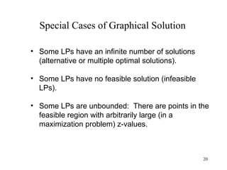 Special Cases of Graphical Solution Some LPs have an infinite number of solutions (alternative or multiple optimal solutions). Some LPs have no feasible solution (infeasible LPs). Some LPs are unbounded:  There are points in the feasible region with arbitrarily large (in a maximization problem) z-values. 