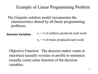 Example of Linear Programming Problem The Giapetto solution model incorporates the characteristics shared by all linear programming problems.   Decision Variables x 1  = # of soldiers produced each week x 2  = # of trains produced each week Objective Function  The decision maker wants to maximize (usually revenue or profit) or minimize (usually costs) some function of the decision variables.  