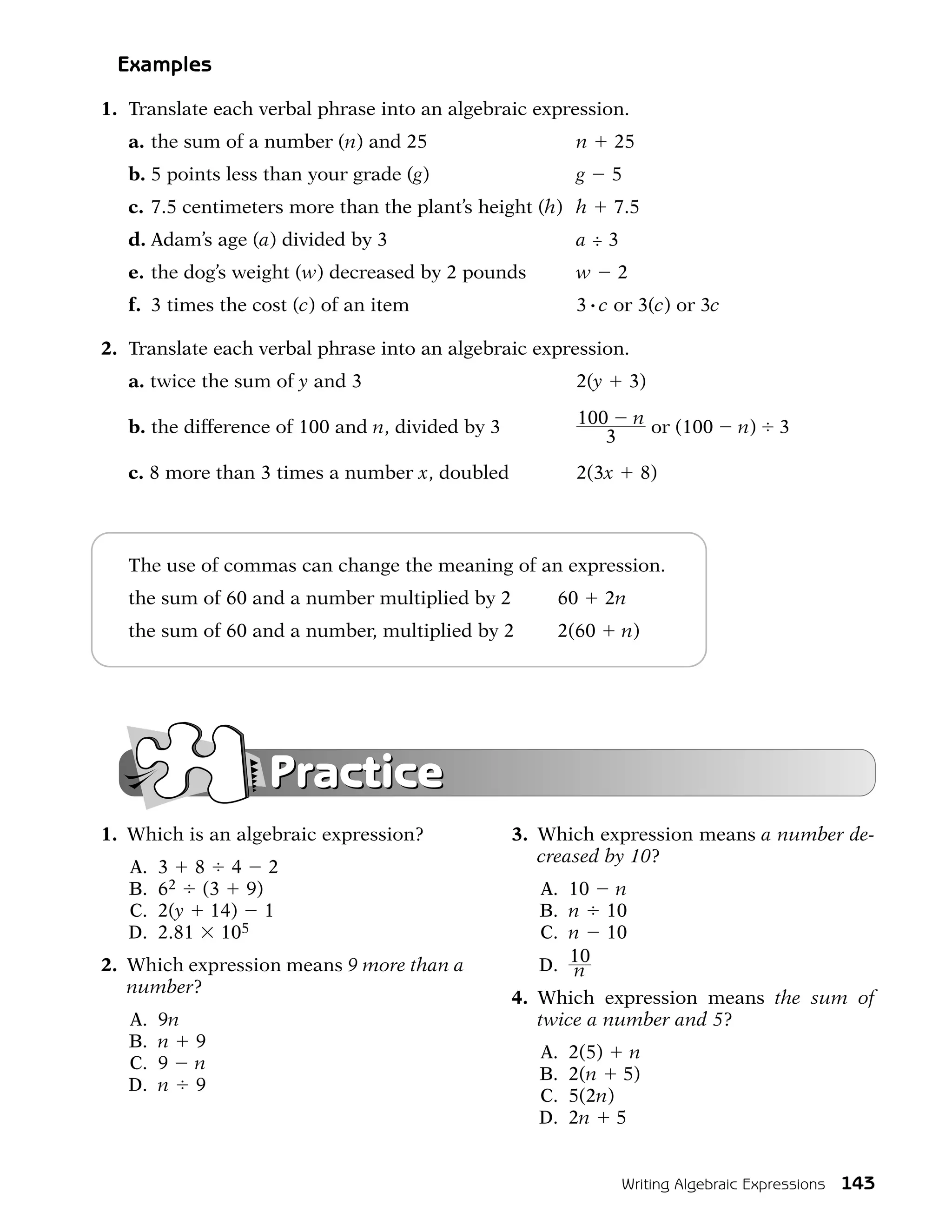 Examples

1. Translate each verbal phrase into an algebraic expression.
   a. the sum of a number (n) and 25                     n      25
   b. 5 points less than your grade (g)                  g     5
   c. 7.5 centimeters more than the plant’s height (h) h        7.5
   d. Adam’s age (a) divided by 3                        a÷3
   e. the dog’s weight (w) decreased by 2 pounds         w      2
   f. 3 times the cost (c) of an item                    3 # c or 3(c) or 3c

2. Translate each verbal phrase into an algebraic expression.
   a. twice the sum of y and 3                           2(y        3)

   b. the difference of 100 and n, divided by 3          100 n or (100         n)   3
                                                            3
   c. 8 more than 3 times a number x, doubled            2(3x         8)



   The use of commas can change the meaning of an expression.
   the sum of 60 and a number multiplied by 2         60       2n
   the sum of 60 and a number, multiplied by 2        2(60      n)




                    Practice
1. Which is an algebraic expression?              3. Which expression means a number de-
                                                     creased by 10?
   A.   3 8 4 2
   B.   62 (3 9)                                     A. 10 n
   C.   2(y 14) 1                                    B. n 10
   D.   2.81 105                                     C. n 10
2. Which expression means 9 more than a              D. 10
                                                         n
   number?
                                                  4. Which expression means the sum of
   A.   9n                                           twice a number and 5?
   B.   n 9
                                                    A.   2(5) n
   C.   9 n
                                                    B.   2(n 5)
   D.   n 9
                                                    C.   5(2n)
                                                    D.   2n 5


                                                                Writing Algebraic Expressions 143
 