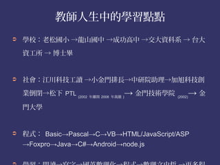 教師人生中的學習點點
➲   學校：老松國小 →龍山國中 →成功高中 →交大資科系 → 台大

    資工所 → 博士畢


➲   社會：江川科技工讀 →小金門排長→中研院助理→加旭科技創

    業倒閉→松下 PTL (2002 年離開 2008 年裁撤 )→ 金門技術學院        →金
                                              (2002)


    門大學


➲   程式： Basic→Pascal→C→VB→HTML/JavaScript/ASP
    →Foxpro→Java→C#→Android→node.js
 