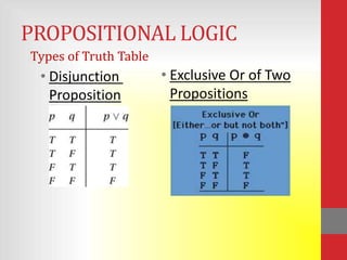 PROPOSITIONAL LOGIC
Types of Truth Table
 • Disjunction         • Exclusive Or of Two
   Proposition           Propositions
 