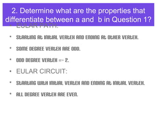 2. Determine what are the properties that
differentiate between a and b in Question 1?
• EULAR PATH:
• Starting at initial vertex and ending at other vertex.
• Some degree vertex are odd.
• Odd degree vertex => 2.
• EULAR CIRCUIT:
• Starting with initial vertex and ending at initial vertex.
• All degree vertex are even.
 