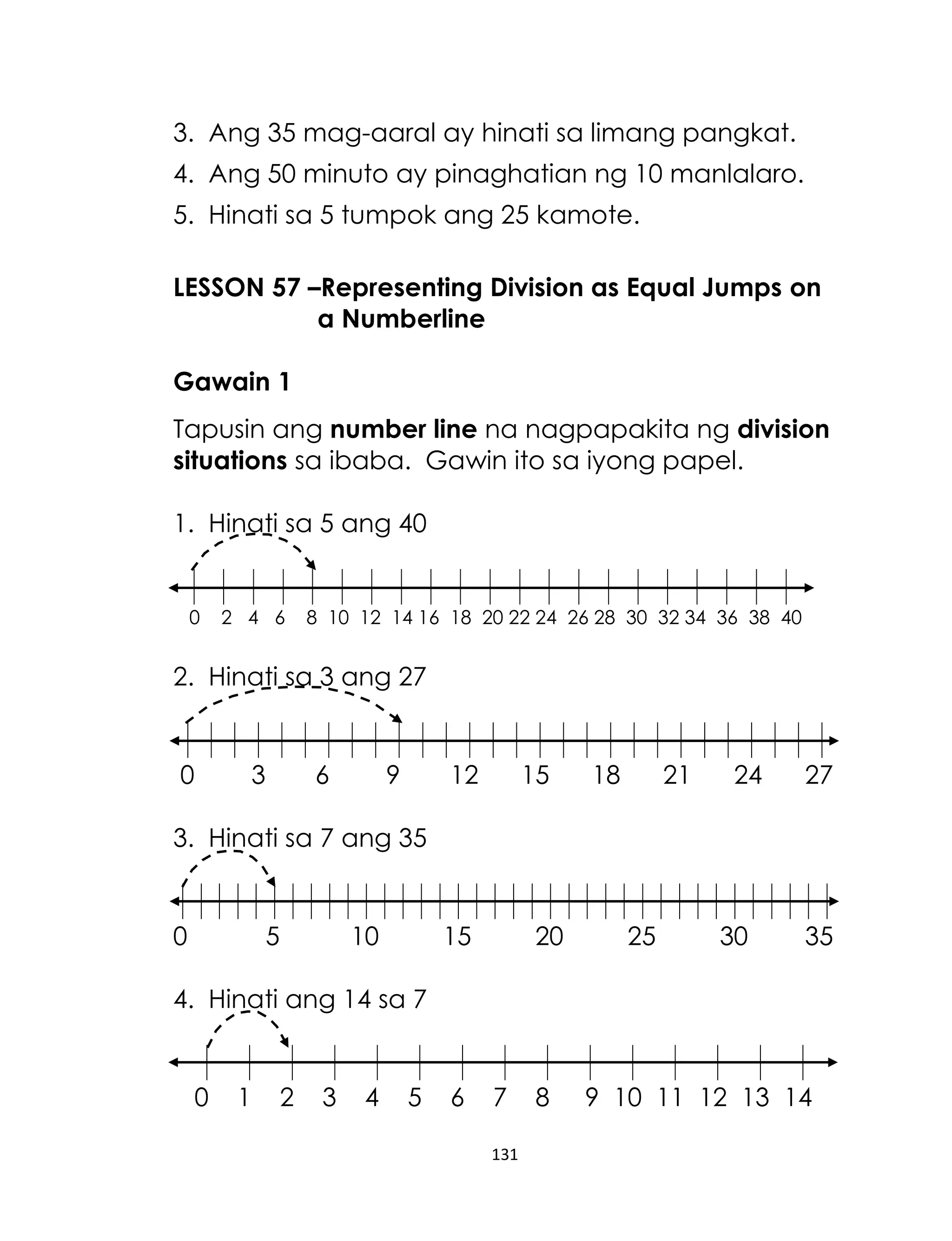 131
3. Ang 35 mag-aaral ay hinati sa limang pangkat.
4. Ang 50 minuto ay pinaghatian ng 10 manlalaro.
5. Hinati sa 5 tumpok ang 25 kamote.
LESSON 57 –Representing Division as Equal Jumps on
a Numberline
Gawain 1
Tapusin ang number line na nagpapakita ng division
situations sa ibaba. Gawin ito sa iyong papel.
1. Hinati sa 5 ang 40
0 2 4 6 8 10 12 14 16 18 20 22 24 26 28 30 32 34 36 38 40
2. Hinati sa 3 ang 27
0 3 6 9 12 15 18 21 24 27
3. Hinati sa 7 ang 35
0 5 10 15 20 25 30 35
4. Hinati ang 14 sa 7
0 1 2 3 4 5 6 7 8 9 10 11 12 13 14
 