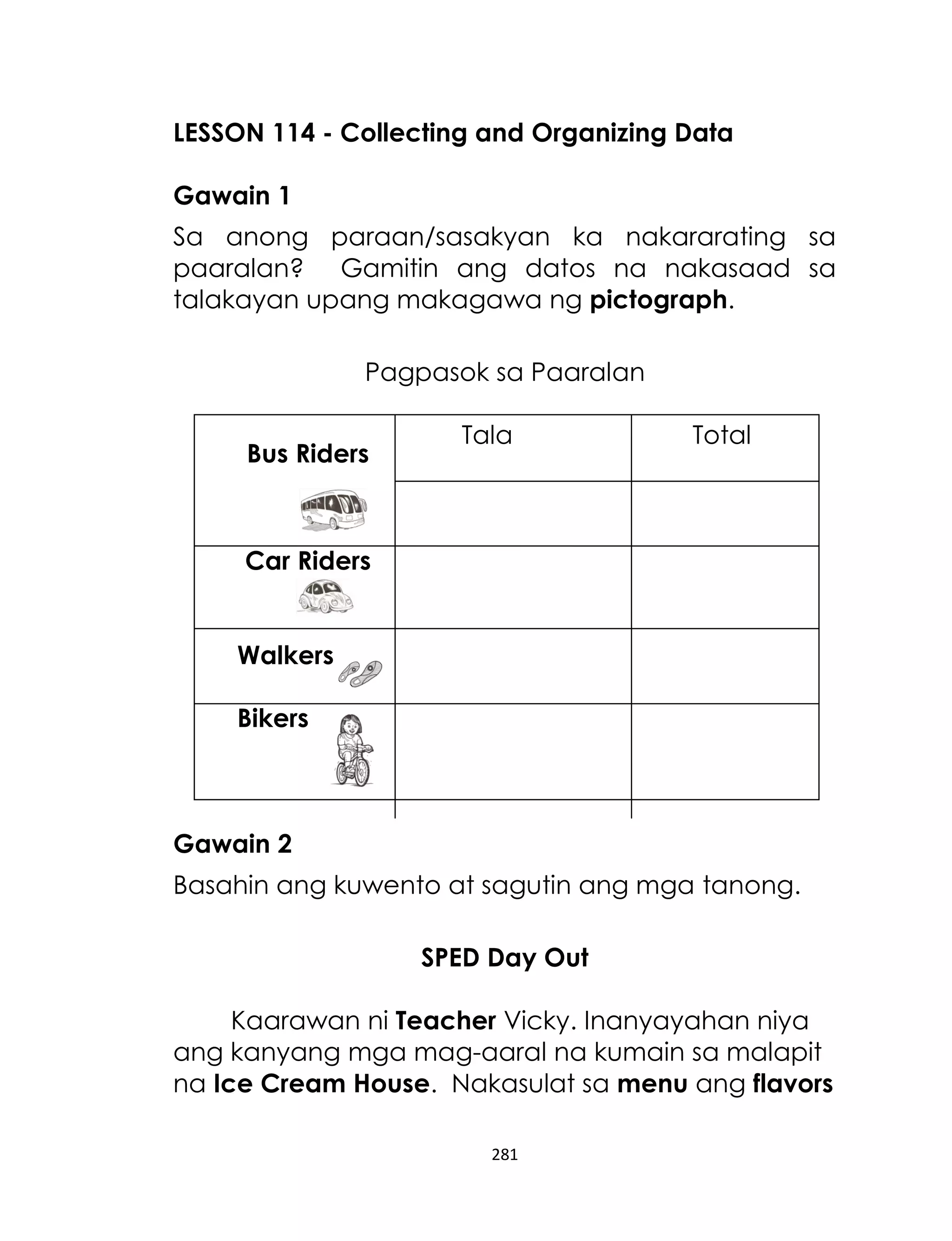 281
LESSON 114 - Collecting and Organizing Data
Gawain 1
Sa anong paraan/sasakyan ka nakararating sa
paaralan? Gamitin ang datos na nakasaad sa
talakayan upang makagawa ng pictograph.
Pagpasok sa Paaralan
Tala Total
Car Riders
Walkers
Bikers
Gawain 2
Basahin ang kuwento at sagutin ang mga tanong.
SPED Day Out
Kaarawan ni Teacher Vicky. Inanyayahan niya
ang kanyang mga mag-aaral na kumain sa malapit
na Ice Cream House. Nakasulat sa menu ang flavors
Bus Riders
 