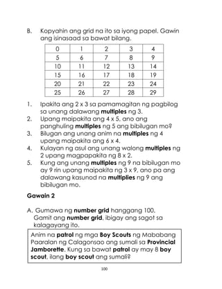 100
B. Kopyahin ang grid na ito sa iyong papel. Gawin
ang isinasaad sa bawat bilang.
1. Ipakita ang 2 x 3 sa pamamagitan ng pagbilog
sa unang dalawang multiples ng 3.
2. Upang maipakita ang 4 x 5, ano ang
panghuling multiples ng 5 ang bibilugan mo?
3. Bilugan ang unang anim na multiples ng 4
upang maipakita ang 6 x 4.
4. Kulayan ng asul ang unang walong multiples ng
2 upang magpapakita ng 8 x 2.
5. Kung ang unang multiples ng 9 na bibilugan mo
ay 9 rin upang maipakita ng 3 x 9, ano pa ang
dalawang kasunod na multiplies ng 9 ang
bibilugan mo.
Gawain 2
A. Gumawa ng number grid hanggang 100.
Gamit ang number grid, ibigay ang sagot sa
kalagayang ito.
0 1 2 3 4
5 6 7 8 9
10 11 12 13 14
15 16 17 18 19
20 21 22 23 24
25 26 27 28 29
Anim na patrol ng mga Boy Scouts ng Mababang
Paaralan ng Calagonsao ang sumali sa Provincial
Jamborette. Kung sa bawat patrol ay may 8 boy
scout, ilang boy scout ang sumali?
 