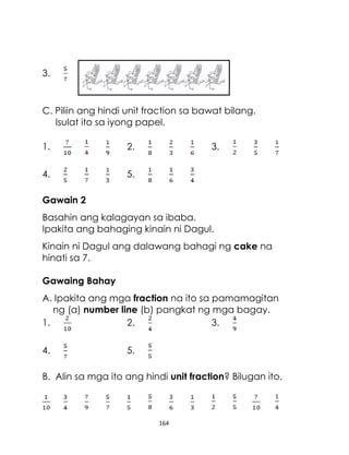 164
3.
C. Piliin ang hindi unit fraction sa bawat bilang.
Isulat ito sa iyong papel.
1. 2. 3.
4. 5.
Gawain 2
Basahin ang kalagayan sa ibaba.
Ipakita ang bahaging kinain ni Dagul.
Kinain ni Dagul ang dalawang bahagi ng cake na
hinati sa 7.
Gawaing Bahay
A. Ipakita ang mga fraction na ito sa pamamagitan
ng (a) number line (b) pangkat ng mga bagay.
1. 2. 3.
4. 5.
B. Alin sa mga ito ang hindi unit fraction? Bilugan ito.
 