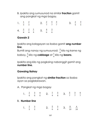 167
B. Ipakita ang sumusunod na similar fraction gamit
ang pangkat ng mga bagay.
1. 2. 3.
4. 5.
Gawain 2
Ipakita ang kalagayan sa ibaba gamit ang number
line.
Bumili ang nanay ng sumusunod; kilo ng karne ng
baboy, kilo ng cabbage at kilo ng beans.
Ipakita ang kilo ng pagkaing nabanggit gamit ang
number line.
Gawaing Bahay
Ipakita ang pangkat ng similar fraction sa ibaba
ayon sa paglalarawan.
A. Pangkat ng mga bagay
1. 2. 3.
B. Number line
1. 2. 3.
 