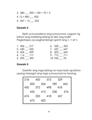 29
3. 580 ___ 300 + 100 + 70 + 5
4. 12 + 890 ___ 902
5. 567 – 15 ___ 525
Gawain 2
Sipiin sa kuwaderno ang sumusunod. Lagyan ng
kahon ang malaking bilang at ekis ang maliit.
Pagkatapos ay paghambingin gamit ang >, < at =.
1. 506 ___ 517 6. 520 ___ 505
2. 640 ___ 633 7. 637 ___ 647
3. 606 ___ 609 8. 603 ___ 645
4. 116 ___ 117 9. 712 ___ 711
5. 290 ___ 390 10. 945 ___ 93
Gawain 3
Gamitin ang mga bilang na nasa loob ng kahon
upang masagot ang mga sumusunod na tanong.
218 450 373 329
600 500 506 789 465
450 372 498 418
432 415 238 576
676 320 418 457
675 420
 