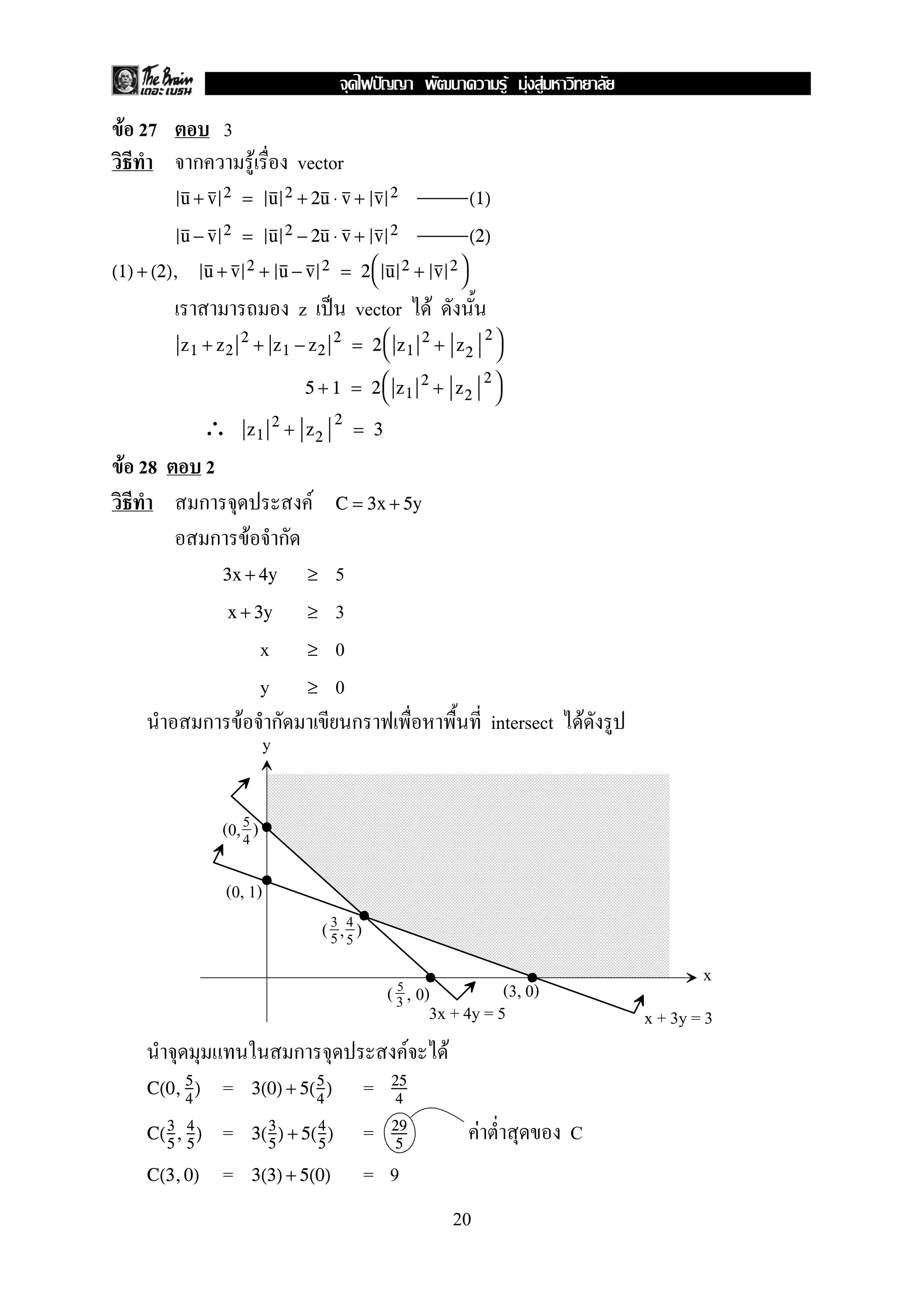 F 27 3
F vector
u + v 2 = u 2 + 2u ⋅ v + v 2 (1)
u − v 2 = u 2 − 2u ⋅ v + v 2 (2)
(1) + (2), u + v 2 + u − v 2 = 2
 u 2 + v 2

z ˈ vector F
z1 + z2
2
+ z1 − z2
2
= 2
 z1
2
+ z2
2

5 + 1 = 2
 z1
2
+ z2
2

∴ z1
2
+ z2
2
= 3
F 28 2
F C = 3x + 5y
F
53x + 4y ≥
3x + 3y ≥
x 0≥
y 0≥
F intersect F
F F
= =C(0, 5
4
) 3(0) + 5(5
4
) 25
4
= = F CC(3
5
, 4
5
) 3(3
5
) + 5(4
5
) 29
5
= = 9C(3,0) 3(3) + 5(0)
(0, )5
4
(0, 1)
(3, 0)
( , )4
5
3
5
( , 0)5
3
3x + 4y = 5 x + 3y = 3
x
y
20
ˆ F F F
 