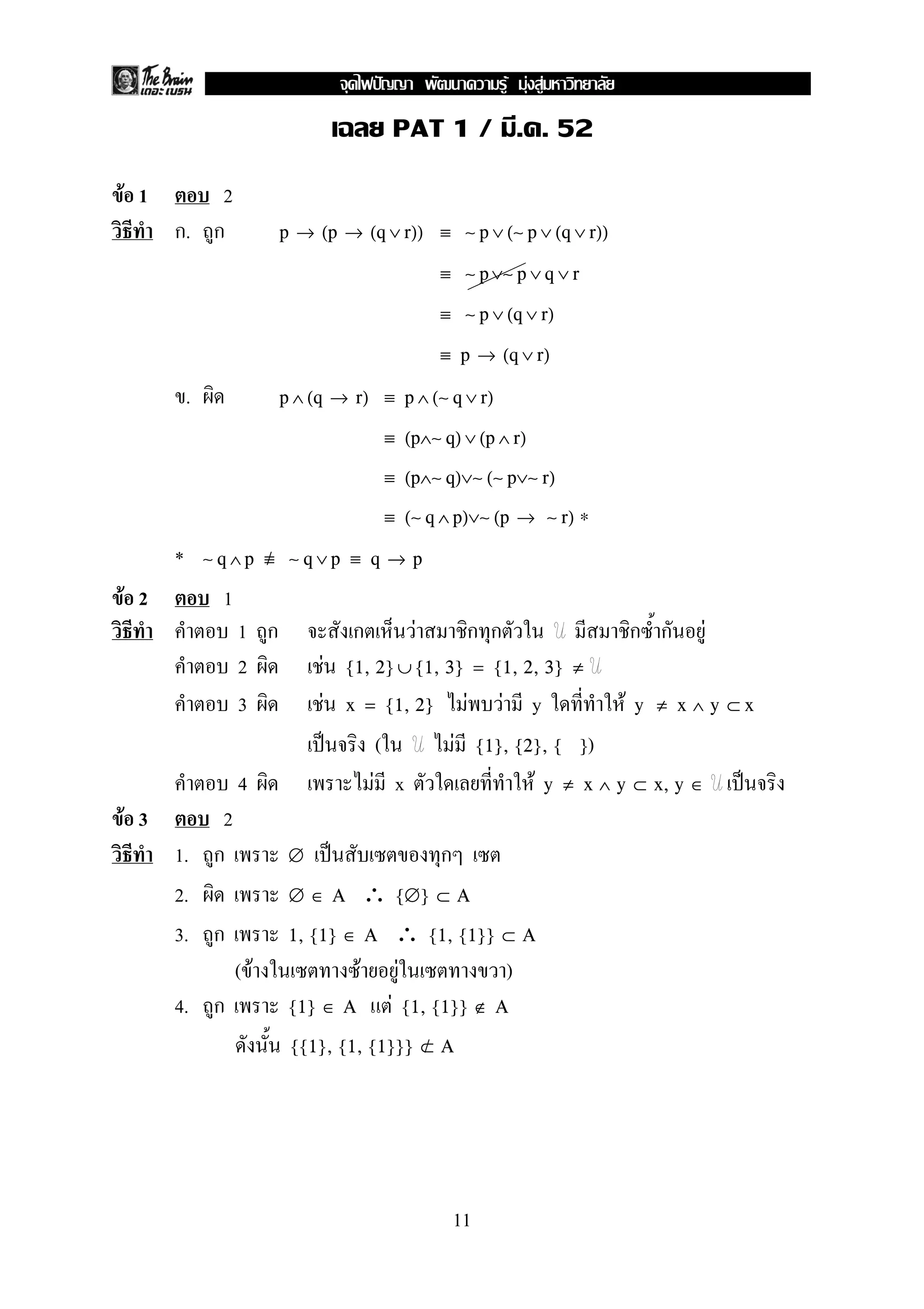 PAT 1 / . . 52
F 1 2
. p → (p → (q ∨ r)) ≡ ∼ p ∨ (∼ p ∨ (q ∨ r))
≡ ∼ p ∨∼ p ∨ q ∨ r
≡ ∼ p ∨ (q ∨ r)
≡ p → (q ∨ r)
. p ∧ (q → r) ≡ p ∧ (∼ q ∨ r)
≡ (p∧∼ q) ∨ (p ∧ r)
≡ (p∧∼ q)∨∼ (∼ p∨∼ r)
≡ (∼ q ∧ p)∨∼ (p → ∼ r) ∗
* ∼ q ∧ p ≡/ ∼ q ∨ p ≡ q → p
F 2 1
1 F F
2 F {1, 2} ∪ {1, 3} = {1, 2, 3} ≠
3 F F F y Fx = {1, 2} y ≠ x ∧ y ⊂ x
ˈ ( F ){1}, {2}, { }
4 F x F ˈy ≠ x ∧ y ⊂ x, y ∈
F 3 2
1. ˈ∅
2. ∴∅ ∈ A {∅} ⊂ A
3. ∴1, {1} ∈ A {1, {1}} ⊂ A
( F F F )
4. F{1} ∈ A {1, {1}} ∉ A
{{1}, {1, {1}}} ⊂/ A
11
ˆ F F F
 