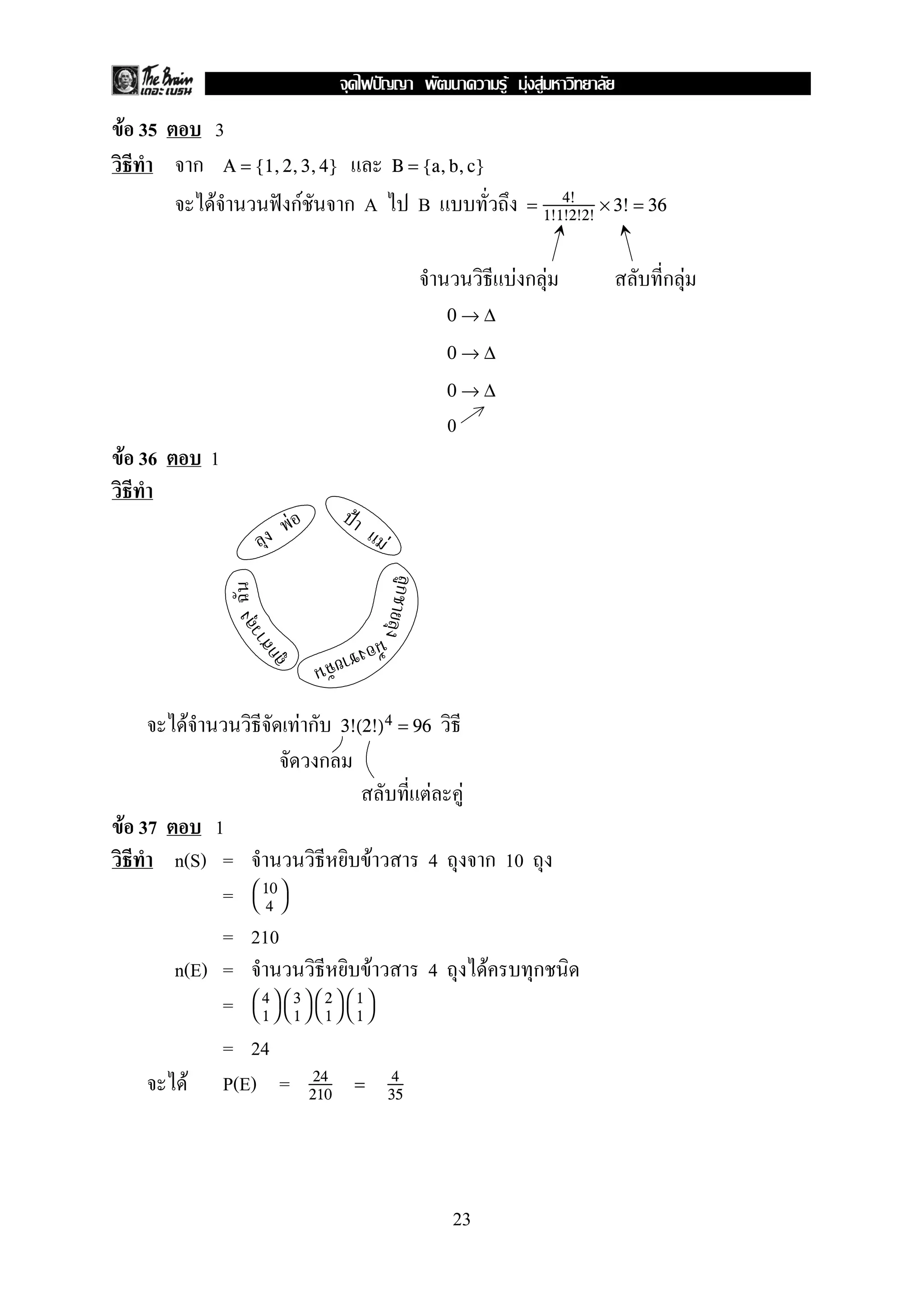 F 35 3
A = {1,2,3,4} B = {a,b,c}
F ˆ F A B = 4!
1!1!2!2!
× 3! = 36
F F F
0 → ∆
0 → ∆
0 → ∆
0
F 36 1
F F 3!(2!)4 = 96
F F
F 37 1
n(S) = F 4 10
= 

10
4


= 210
n(E) = F 4 F
= 

4
1




3
1




2
1




1
1


= 24
F P(E) = 24
210
= 4
35
F ˂
F
F
23
ˆ F F F
 