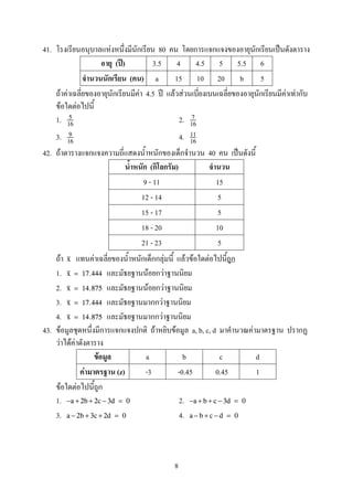 41. F 80 ˈ
( ʾ) 3.5 4 4.5 5 5.5 6
( ) a 15 10 20 b 5
F F F 4.5 ʾ F F F F
F F
1. 2.5
16
7
16
3. 4.9
16
11
16
42. F 40 ˈ
( )
9 - 11 15
12 - 14 5
15 - 17 5
18 - 20 10
21 - 23 5
F F F F F Fx
1. F Fx = 17.444
2. F Fx = 14.875
3. Fx = 17.444
4. Fx = 14.875
43. F F F a, b, c, d F
F F F
F a b c d
F (z) -3 -0.45 0.45 1
F F
1. 2.−a + 2b + 2c − 3d = 0 −a + b + c − 3d = 0
3. 4.a − 2b + 3c + 2d = 0 a − b + c − d = 0
8
 