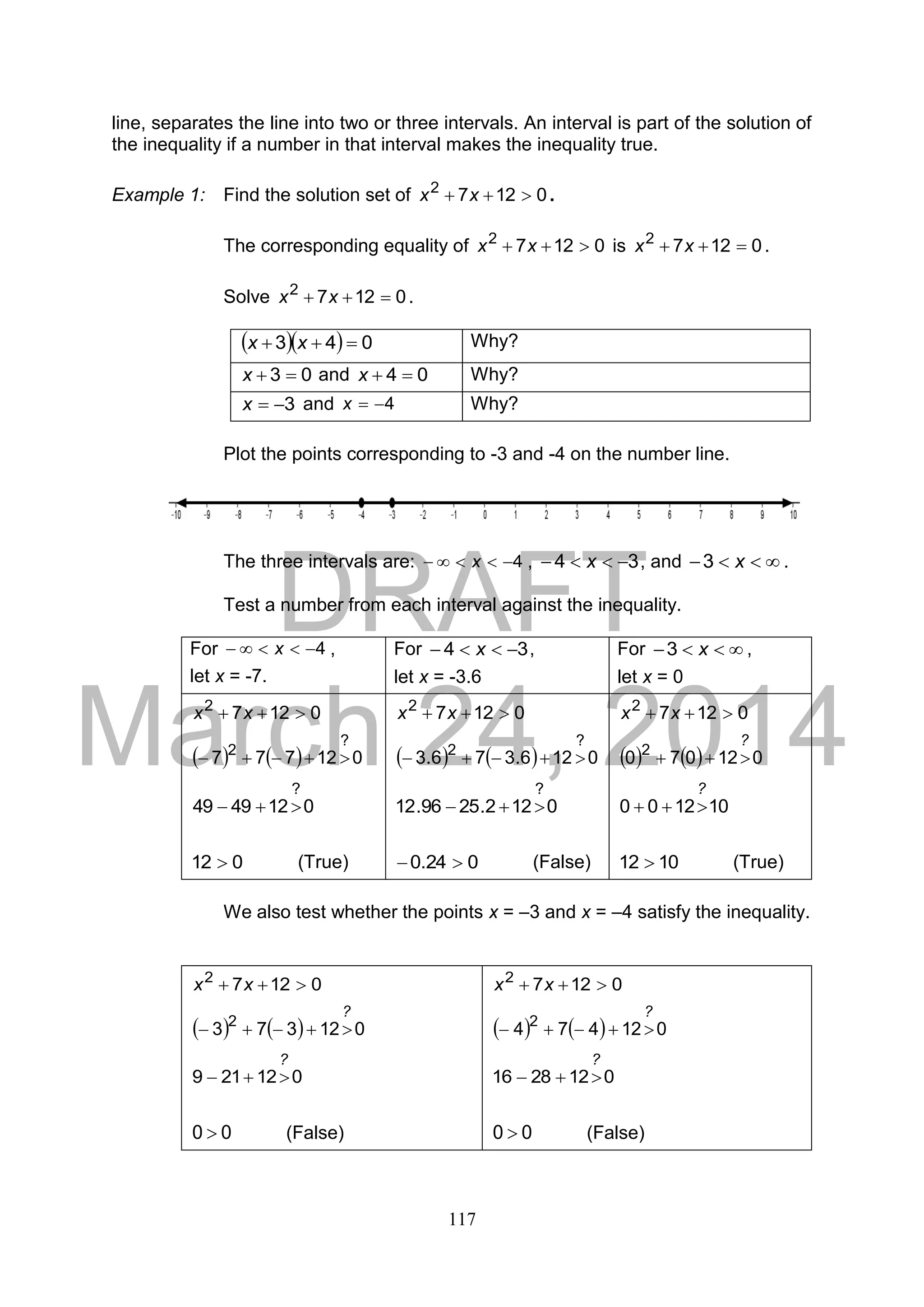 DRAFT
March 24, 2014
117
line, separates the line into two or three intervals. An interval is part of the solution of
the inequality if a number in that interval makes the inequality true.
Example 1: Find the solution set of 01272
 xx .
The corresponding equality of 01272
 xx is 01272
 xx .
Solve 01272
 xx .
   043  xx Why?
03 x and 04 x Why?
3x and 4x Why?
Plot the points corresponding to -3 and -4 on the number line.
The three intervals are: 4 x , 34  x , and  x3 .
Test a number from each interval against the inequality.
For 4 x ,
let x = -7.
For 34  x ,
let x = -3.6
For  x3 ,
let x = 0
01272
 xx
    012777
?
2

0124949
?

012  (True)
01272
 xx
    0126.376.3
?
2

0122.2596.12
?

024.0  (False)
01272
 xx
    012070 2
?

101200
?

1012  (True)
We also test whether the points x = –3 and x = –4 satisfy the inequality.
01272
 xx
    012373 2
?

012219
?

00  (False)
01272
 xx
    012474 2
?

0122816
?

00  (False)
 