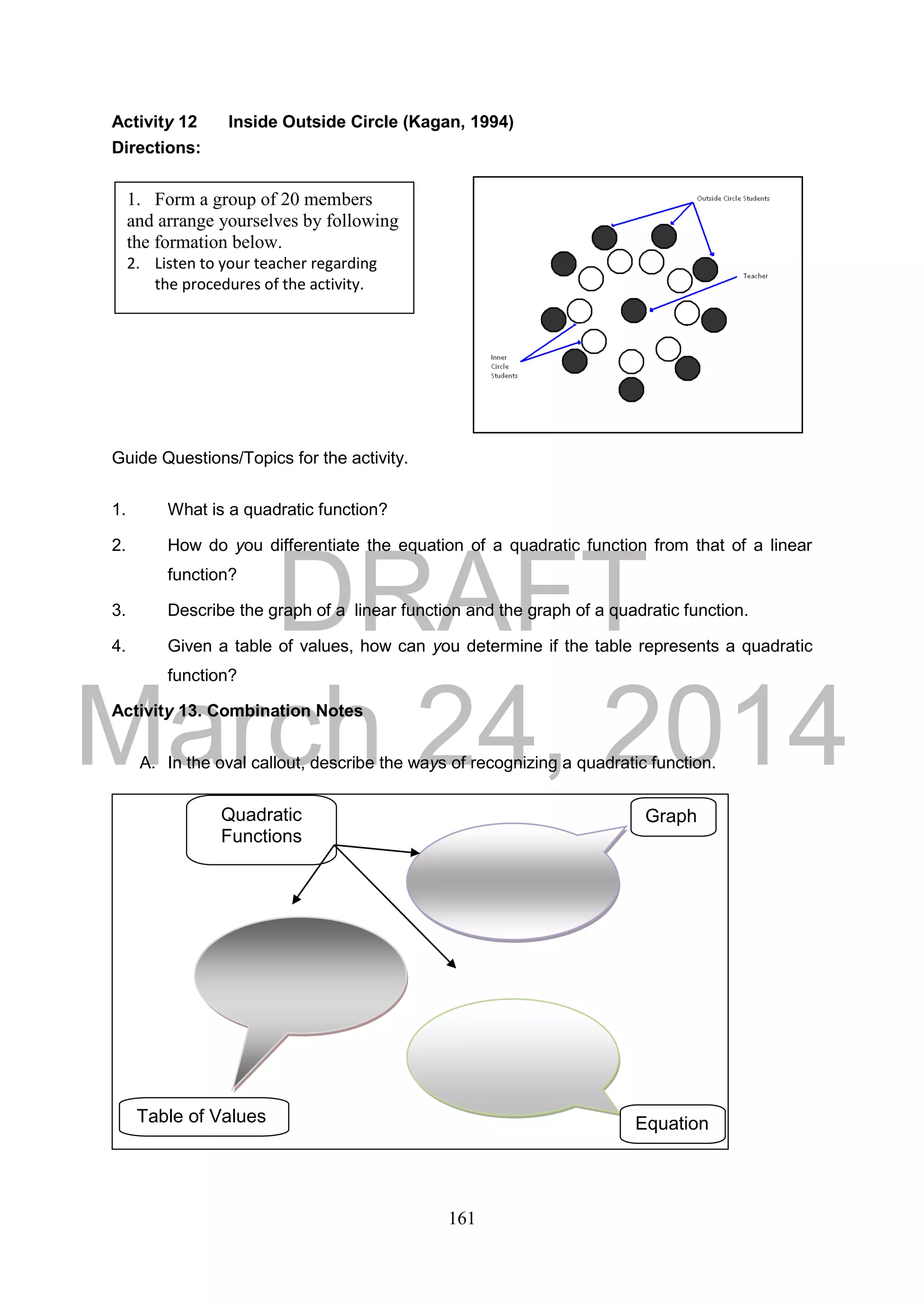 DRAFT
March 24, 2014
161
Activity 12 Inside Outside Circle (Kagan, 1994)
Directions:
Guide Questions/Topics for the activity.
1. What is a quadratic function?
2. How do you differentiate the equation of a quadratic function from that of a linear
function?
3. Describe the graph of a linear function and the graph of a quadratic function.
4. Given a table of values, how can you determine if the table represents a quadratic
function?
Activity 13. Combination Notes
A. In the oval callout, describe the ways of recognizing a quadratic function.
1. Form a group of 20 members
and arrange yourselves by following
the formation below.
2. Listen to your teacher regarding
the procedures of the activity.
Quadratic
Functions
Graph
EquationTable of Values
 