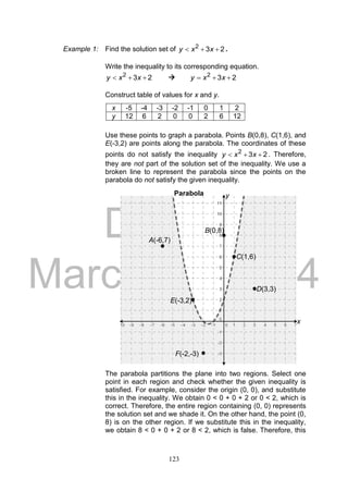 DRAFT
March 24, 2014
123
Example 1: Find the solution set of 232
 xxy .
Write the inequality to its corresponding equation.
232
 xxy  232
 xxy
Construct table of values for x and y.
Use these points to graph a parabola. Points B(0,8), C(1,6), and
E(-3,2) are points along the parabola. The coordinates of these
points do not satisfy the inequality 232
 xxy . Therefore,
they are not part of the solution set of the inequality. We use a
broken line to represent the parabola since the points on the
parabola do not satisfy the given inequality.
The parabola partitions the plane into two regions. Select one
point in each region and check whether the given inequality is
satisfied. For example, consider the origin (0, 0), and substitute
this in the inequality. We obtain 0 < 0 + 0 + 2 or 0 < 2, which is
correct. Therefore, the entire region containing (0, 0) represents
the solution set and we shade it. On the other hand, the point (0,
8) is on the other region. If we substitute this in the inequality,
we obtain 8 < 0 + 0 + 2 or 8 < 2, which is false. Therefore, this
x -5 -4 -3 -2 -1 0 1 2
y 12 6 2 0 0 2 6 12
Parabola
A(-6,7)
B(0,8)
C(1,6)
D(3,3)
E(-3,2)
F(-2,-3)
y
x
 