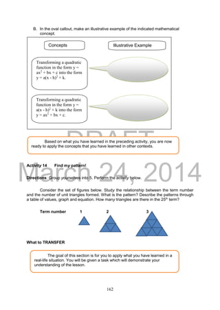DRAFT
March 24, 2014
162
B. In the oval callout, make an illustrative example of the indicated mathematical
concept.
Activity 14 Find my pattern!
Directions: Group yourselves into 5. Perform the activity below.
Consider the set of figures below. Study the relationship between the term number
and the number of unit triangles formed. What is the pattern? Describe the patterns through
a table of values, graph and equation. How many triangles are there in the 25th
term?
Term number 1 2 3
What to TRANSFER
Based on what you have learned in the preceding activity, you are now
ready to apply the concepts that you have learned in other contexts.
The goal of this section is for you to apply what you have learned in a
real-life situation. You will be given a task which will demonstrate your
understanding of the lesson.
Concepts Illustrative Example
Transforming a quadratic
function in the form y =
ax2
+ bx + c into the form
y = a(x - h)2
+ k.
Transforming a quadratic
function in the form y =
a(x - h)2
+ k into the form
y = ax2
+ bx + c.
 