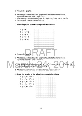 DRAFT
March 24, 2014
168
a. Analyze the graphs.
b. What do you notice about the graphs of quadratic functions whose
equations are of the form y = ( x – h )2?
c. How would you compare the graph of y = ( x – h )2 and that of y = x2?
d. Discuss your ideas and observations.
C. Draw the graphs of the following quadratic functions
1. y = x2
2. y = x2 + 2
3. y = x2 - 2
4. y = x2 - 3
5. y = x2 + 3
a. Analyze the graphs.
b. What do you notice about the graphs of quadratic functions whose
equations are of the form y = x2 + k?
c. How would you compare the graph of y = x2 + k and that of y = x2 when the
vertex is above the origin? below the origin?
d. What conclusion can you give based on your observations?
D. Draw the graphs of the following quadratic functions:
1. y = ( x – 2)2 + 4
2. y = ( x + 3)2 – 4
3. y = ( x – 1)2 – 3
4. y = ( x + 4)2 + 5
5. y = ( x + 2)2 - 2
 