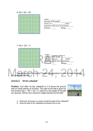 DRAFT
March 24, 2014
172
6. f(x) = 2(x – 2)2
7. f(x) = -2x2 – 2
How did you find the activity? Explain the procedure on how to draw the graph
of a quadratic function.
Activity 6 Hit the volleyball
Problem. Carl Allan hit the volleyball at 3 ft above the ground
with an initial velocity of 32 ft/sec. The path of the ball is given by
the function S(t) = -16t2 + 32t + 3, where S is the height of the ball
at t seconds. What is the maximum height reached by the ball?
a. What kind of function is used to model the path of the volleyball?
b. Draw the path of the volleyball and observe the curve.
vertex _____________
opening of the graph _____________
Vertex is a _____________ point
Equation of the axis of symmetry ____
Domain: _____ Range: _____
vertex _____________
opening of the graph _____________
Vertex is a _____________ point
Equation of the axis of symmetry ____
Domain: _____ Range: _____
 