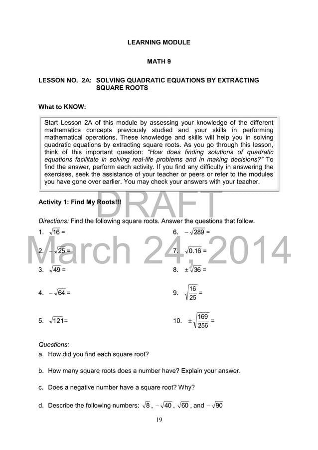 K TO 12 GRADE 9 LEARNER’S MATERIAL IN MATHEMATICS