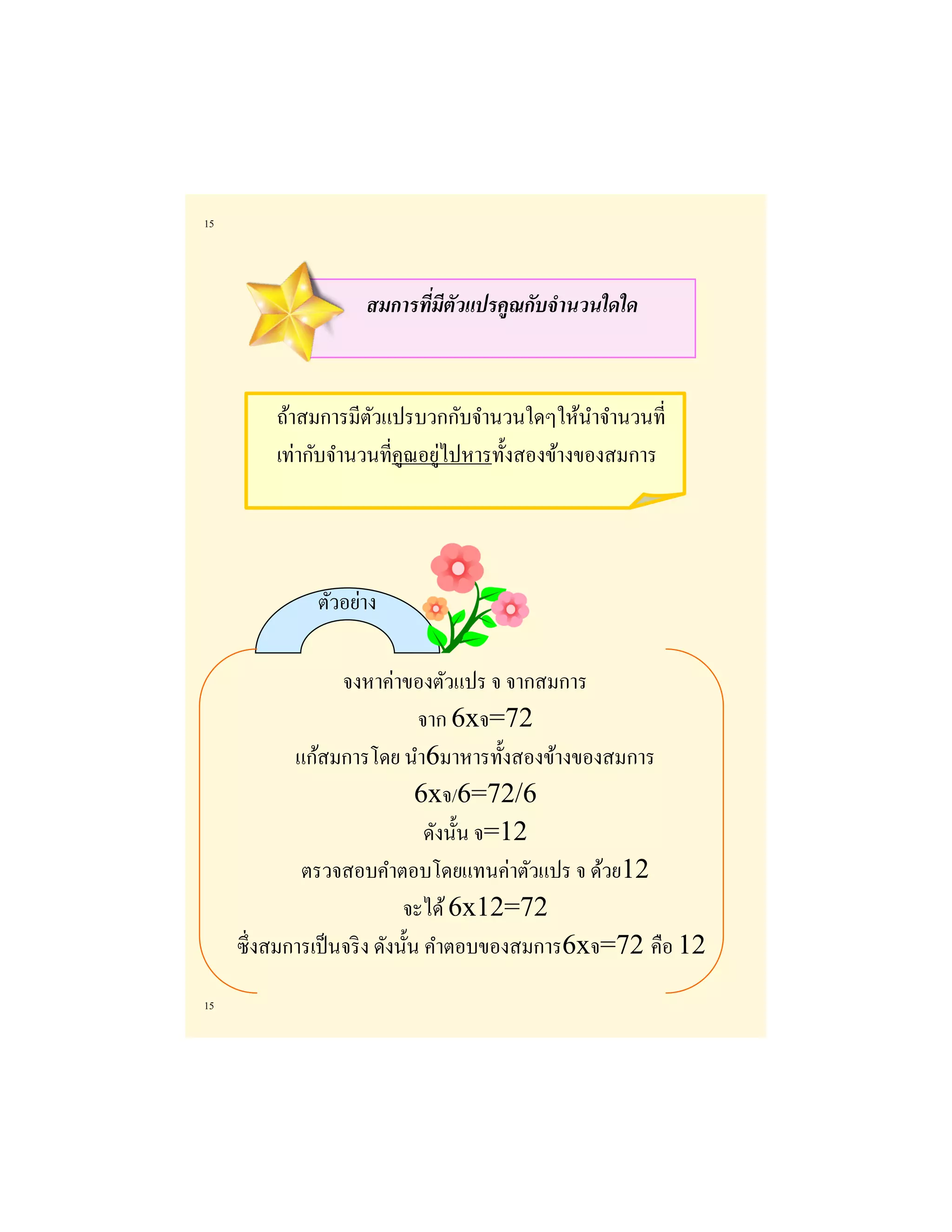 15 
15 
สมการที่มีตัวแปรคูณกับจานวนใดใด 
ถ้าสมการมีตัวแปรบวกกับจานวนใดๆให้นาจานวนที่ เท่ากับจานวนที่คูณอยู่ไปหารทั้งสองข้างของสมการ 
จงหาค่าของตัวแปร จ จากสมการ 
จาก 6xจ=72 
แก้สมการโดย นา6มาหารทั้งสองข้างของสมการ 
6xจ/6=72/6 
ดังนั้น จ=12 
ตรวจสอบคาตอบโดยแทนค่าตัวแปร จ ด้วย12 
จะได้ 6x12=72 
ซึ่งสมการเป็นจริง ดังนั้น คาตอบของสมการ6xจ=72 คือ 12 
ตัวอย่าง  