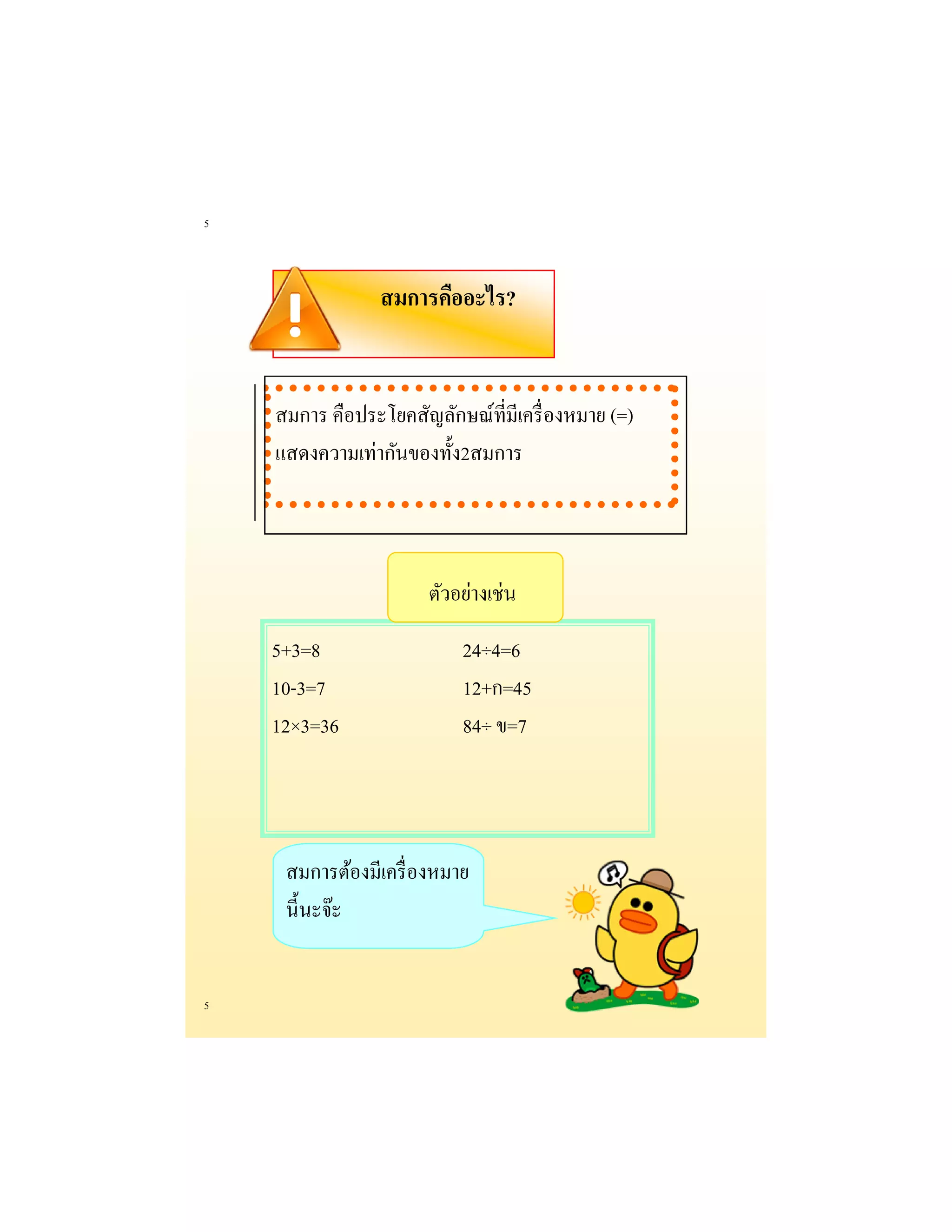 5 
5 
สมการคืออะไร? 
สมการ คือประโยคสัญลักษณ์ที่มีเครื่องหมาย (=) แสดงความเท่ากันของทั้ง2สมการ 
5+3=8 
10-3=7 
12×3=36 
24÷4=6 
12+ก=45 
84÷ ข=7 
สมการต้องมีเครื่องหมาย นี้นะจ๊ะ 
ตัวอย่างเช่น  