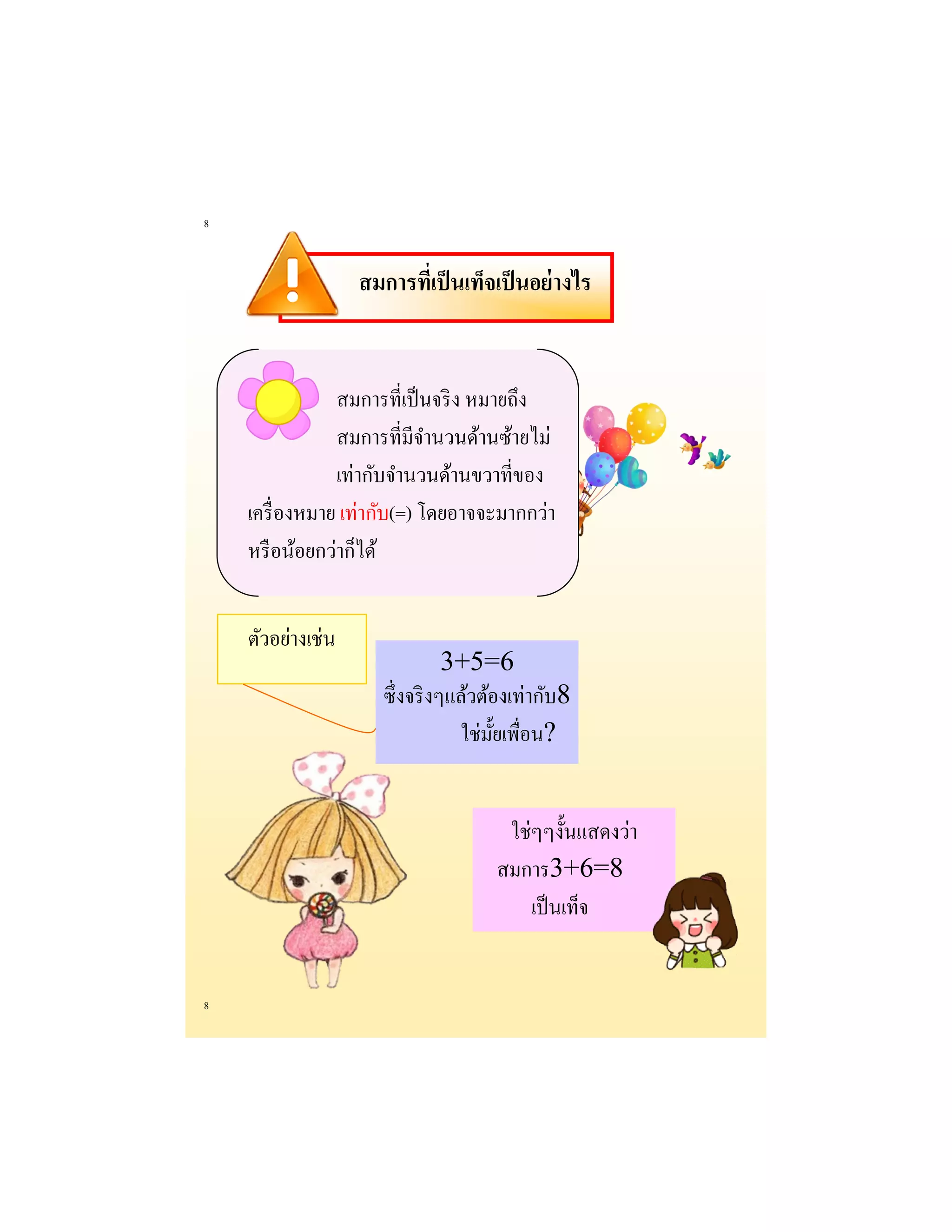 8 
8 
สมการที่เป็นเท็จเป็นอย่างไร 
สมการที่เป็นจริง หมายถึง สมการที่มีจานวนด้านซ้ายไม่ เท่ากับจานวนด้านขวาที่ของ เครื่องหมาย เท่ากับ(=) โดยอาจจะมากกว่า หรือน้อยกว่าก็ได้ 
ตัวอย่างเช่น 
3+5=6 
ซึ่งจริงๆแล้วต้องเท่ากับ8ใช่มั้ยเพื่อน? 
ใช่ๆๆงั้นแสดงว่า 
สมการ3+6=8 
เป็นเท็จ  