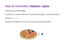 How to remember: Volume = pizza
Imagine you just cooked a pizza.
The radius is "z", and the thickness "a" is the same everywhere ... what is the volume?
Answer: pi × z × z × a
(we would normally write "pi" as π, and z × z as z2, but you get the idea!)
Z
 