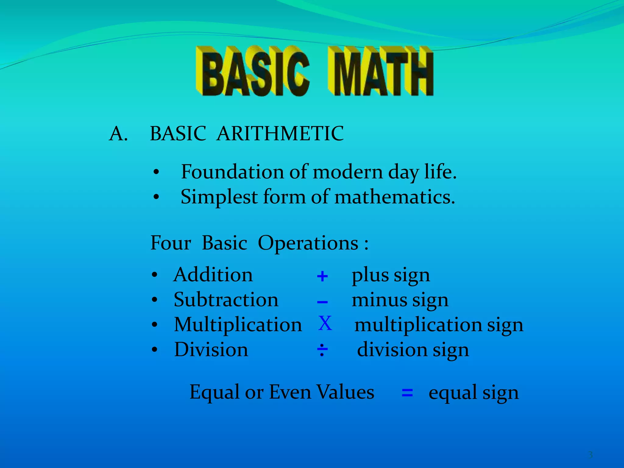 3
A. BASIC ARITHMETIC
• Foundation of modern day life.
• Simplest form of mathematics.
Four Basic Operations :
• Addition plus sign
• Subtraction minus sign
• Multiplication multiplication sign
• Division division sign
X
Equal or Even Values equal sign
 